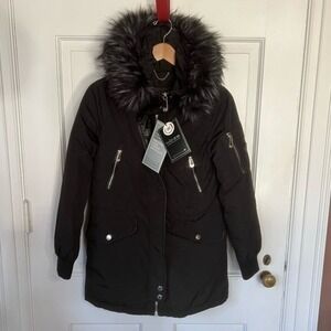 Noize Marly black parka coat vegan faux fur hood x small